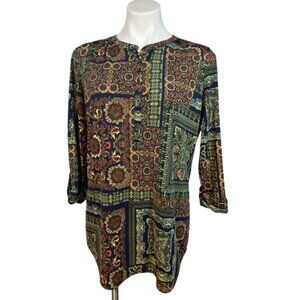Peter Nygard Colorful  PaisleyTunic Long Sleeve Blouse SZ M partial button down